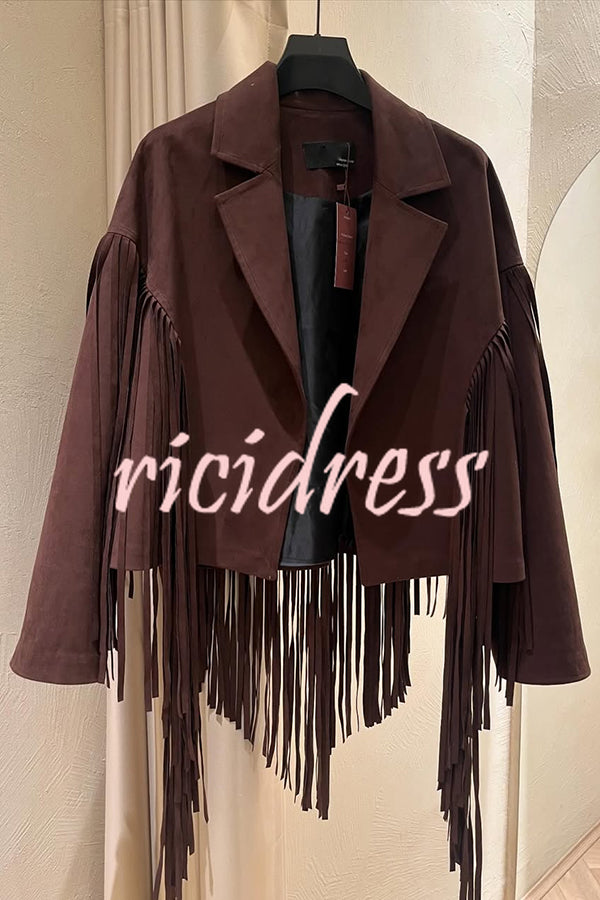 Western City Suede Long Tassels Long Sleeve Lapel Relaxed Jacket