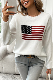 Flag Pattern Knitted Casual Crewneck Long Sleeve Sweater
