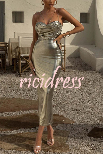 Visions of You Metallic Fabric Cowl Neck Removable Straps Stretch Midi Dress