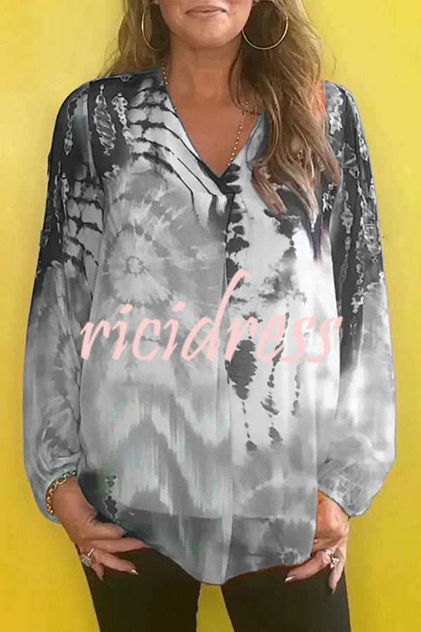 Fashionable Gradient Tie-dye V-neck Long-sleeved Casual Shirt