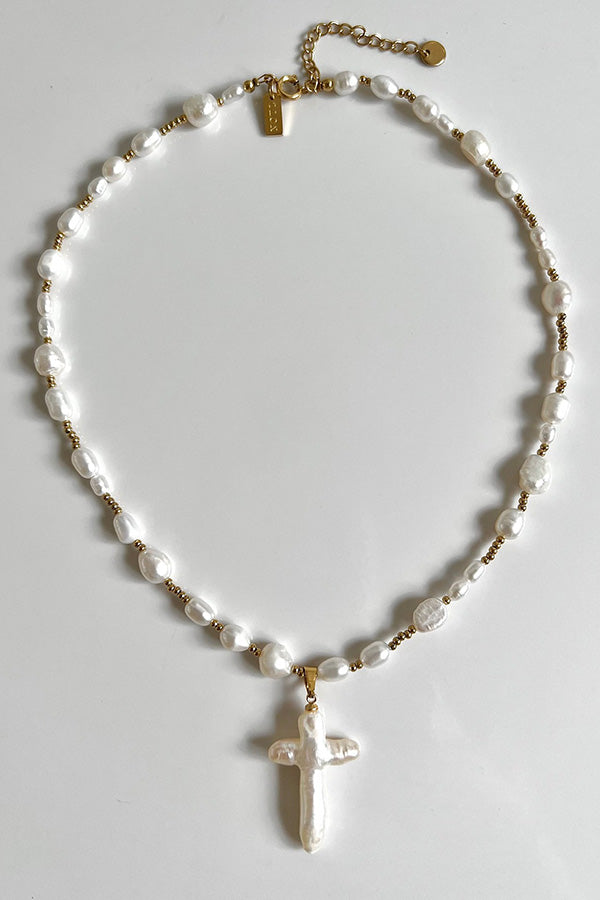 Stylish Pearl Cross Necklace