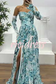 Reina Chiffon Floral Print Pleated Bodice Split Sleeve Strapless Slit Maxi Dress