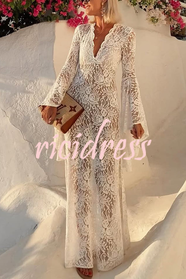 Dream Love Floral Lace Bell Sleeve V-neck Slit Maxi Dress
