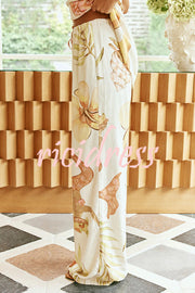 Island Time Linen Blend Unique Print Strapless Top and Elastic Waist Pocket Loose Pants Set