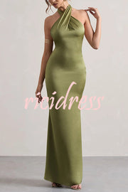 Solid Color Halter Neck Tie Sexy Backless Slim Maxi Dress