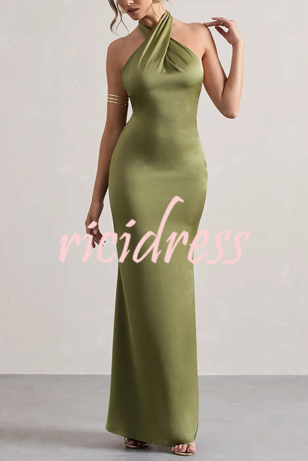 Solid Color Halter Neck Tie Sexy Backless Slim Maxi Dress