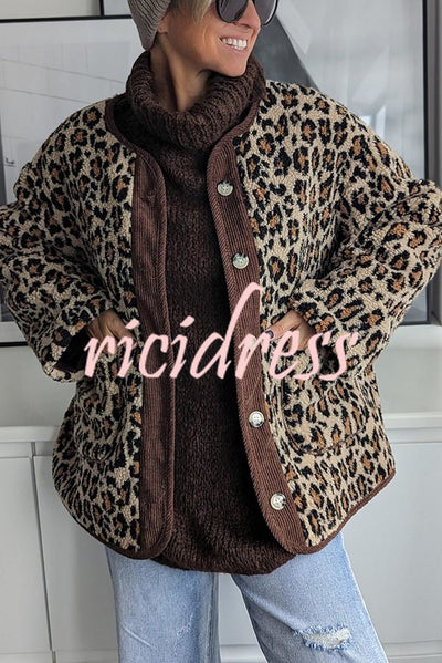 Warm Feel Colorblock Leopard Print Plush Button Up Pocketed Teddy Jacket