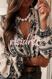 Unique Print Long-Sleeved Button-Up Elegant Shirt