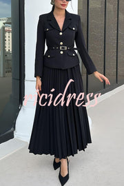 Solid Color Lapel Button Belt Blazer and Pleated Casual Maxi Skirt Set