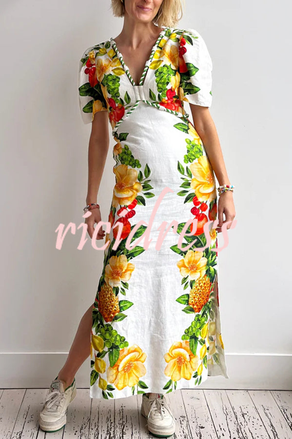 Picnic Flowers Linen Blend Floral Print Puff Sleeve Braided Rope Trim Maxi Dress