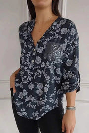 Floral Print V-neck Buttoned Sequin Pocket Casual Shirt