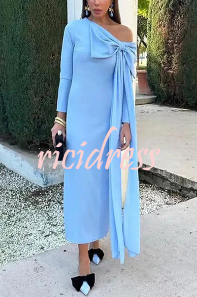 Vanessa Solid Color Long Sleeve Slim Fit Oversized Bow Tie Maxi Dress