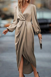 Satin V-neck Long-sleeved Slit Irregular Hem Midi Dress