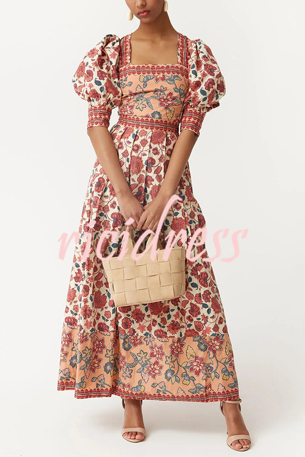 Floral Print Square Neck Puff Sleeve Tie Top and Elegant Casual Maxi Skirt Set