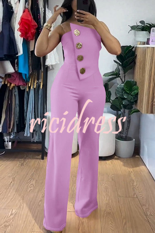 Solid Color Sexy Tube Top Gold Button Embellished Bootcut Jumpsuit