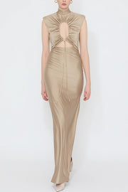 Genis Hollow Elastic Bust High Neck Sleeveless Gathered Maxi Dress
