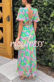 Floral Print V-neck Puff Sleeve Open-back Maxi Dress