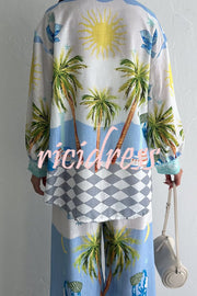 Holiday Style Print Loose Long Sleeve Shirt and Elastic Waist Loose Pocket Wide Leg Pants Set