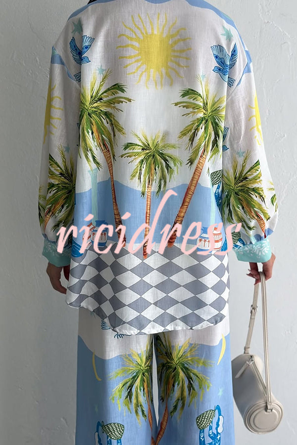 Holiday Style Print Loose Long Sleeve Shirt and Elastic Waist Loose Pocket Wide Leg Pants Set