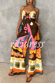 Unique Printed Suspenders Hollow Waist Wide-leg Jumpsuit