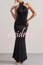 Solid Color Halter Neck Tie Sexy Backless Slim Maxi Dress