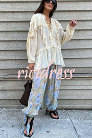 Autumn Boho Chiffon Floral Print Elastic Waist Tie-up Hem Balloon Pants