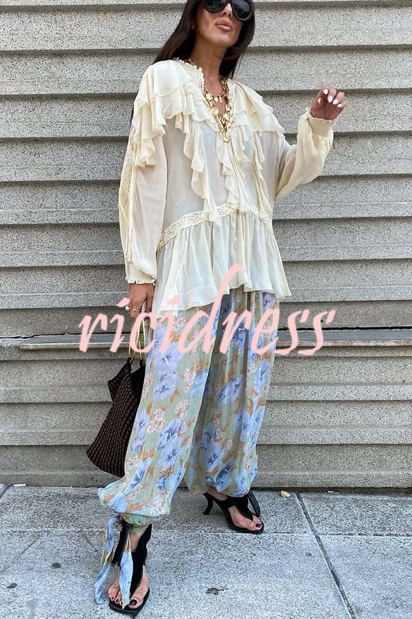 Autumn Boho Chiffon Floral Print Elastic Waist Tie-up Hem Balloon Pants