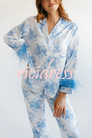 Sweet Daydreamer Floral Printed Feather Trim Elastic Waist Pocketed Pajama Set
