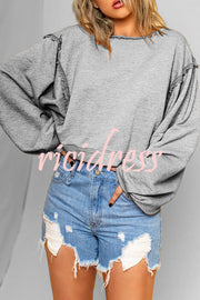 Lantern Sleeve Solid Color Round Neck Raw Edge Hoodie