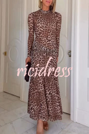 Revina Mesh Leopard Print Mock Neck Gathered Waist Long Sleeve Stretch Midi Dress