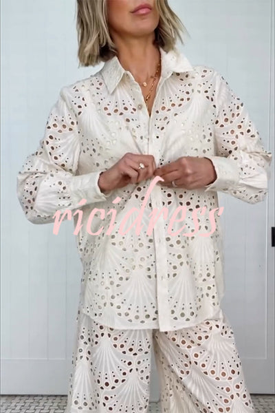 Lillah Embroidered Lace Shell Pattern Long Sleeve Loose Blouse