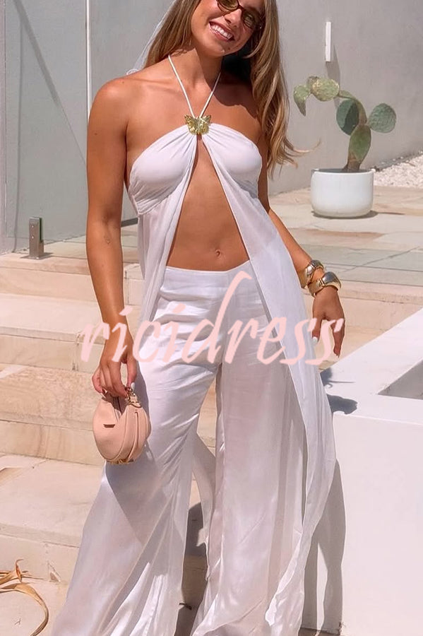 Lily Metal Flower Front Slit Halter Midi Top and V-waist Wide Leg Pants Set