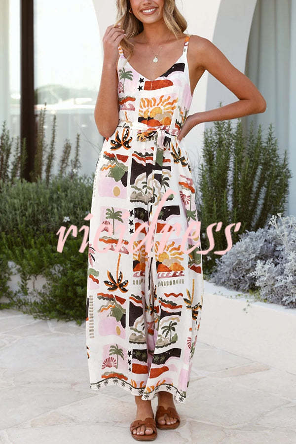Unique Beach Vacation Print V-neck Suspenders Casual Wide-leg Jumpsuit