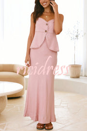 Solid Color Halter Button-Down Top and Elegant Fitted Maxi Skirt Set