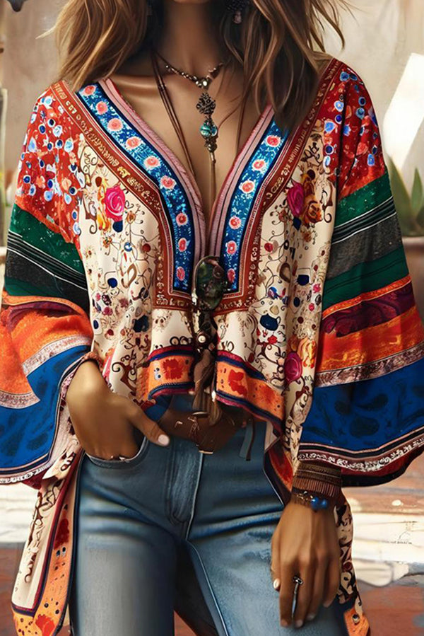 Unique Printed V-neck Flared Sleeve Loose Casual Top