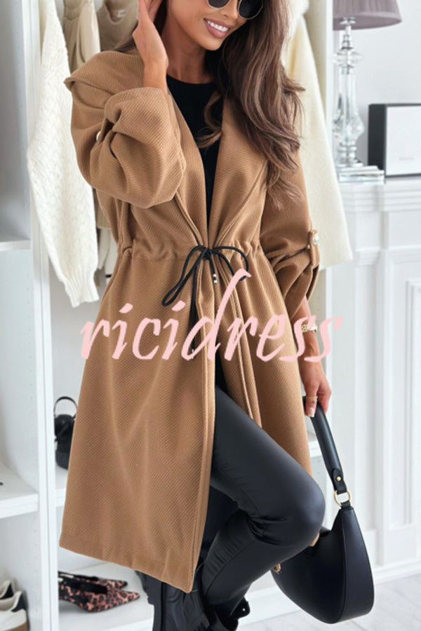 Effortless and Warm Textured Fabric Drawstring Waist Pocket Hooded Midi Coat