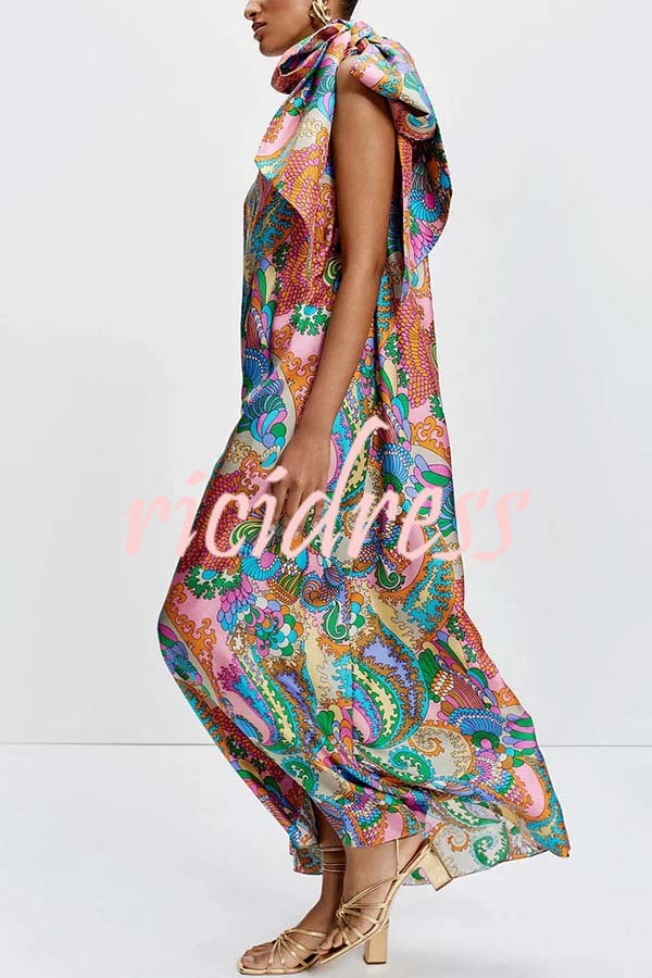 Rainbow Breeze Satin Unique Print Bow One Shoulder Loose Maxi Dress
