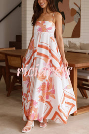 Botanical Print Halter Square Neck Pleated Loose Maxi Dress