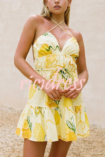 Summer Citrus Print Halter Neck Backless Tie-Waist Elastic Mini Dress