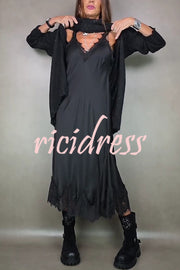Fashionable V-neck Suspender Lace Splicing Casual Midi Dress