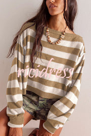 Striped Print Crew Neck Long Sleeve Loose Knitted Sweater