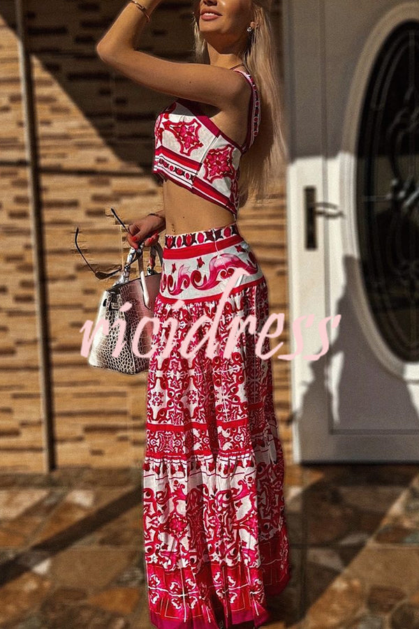 Unique Printed Sexy Sling Tank and Elastic Waist Large Hem Maxi Skirt Set