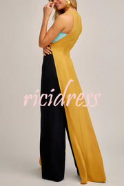 Fashionable Contrast Color Stitching Sleeveless Slim Maxi Dress