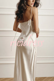 Elegant Splicing Lace Suspenders V-neck Sexy Slit Maxi Dress