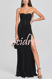 Metallic Sexy Tube Top Pleated High Slit Maxi Dress