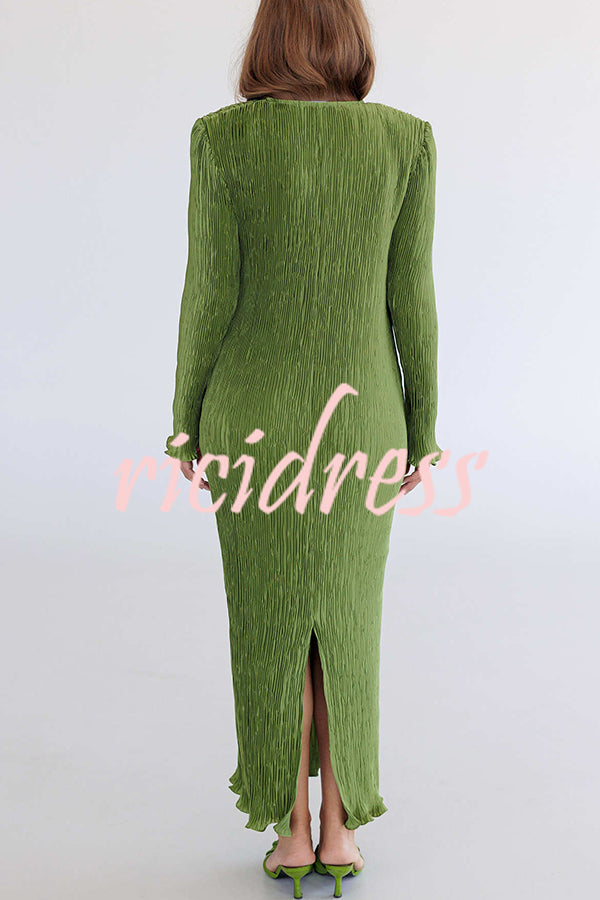 Hansin Satin Pleated Fabric Long Sleeve Wavy Trim H-line Slit Midi Dress