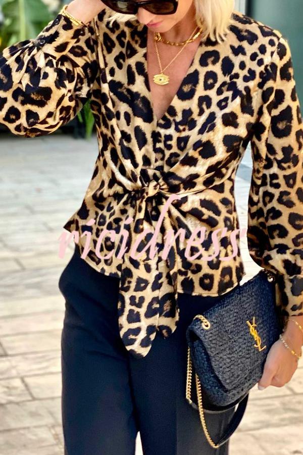 Janae Leopard Print Front Tie-up Lantern Sleeve Casual Blouse