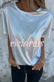 Metallic Solid Color Round Neck Short-sleeved Loose T-shirt