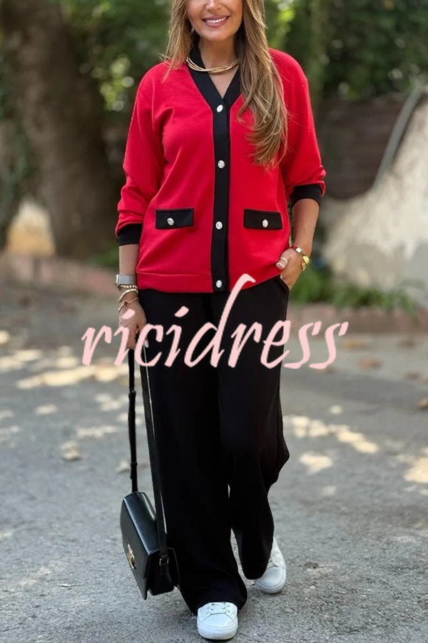 Stylish Color-blocked V-neck Knitted Button-down Cardigan and Elastic Waist Casual Wide-leg Pants Set