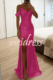 Prom Dreamland Sequin Cold Shoulder Ruched Slit Maxi Dress